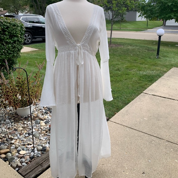 New Boho Flowy Mesh Lace Tie Maxi Kimono Dress Duster Jacket Robe Swim Cover Up - Picture 11 of 16